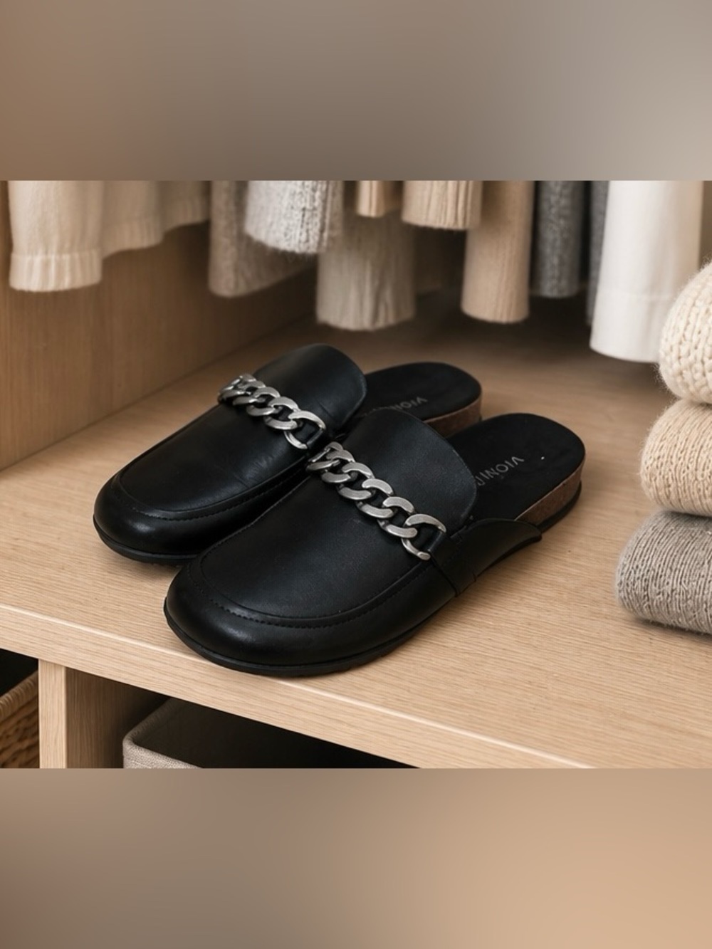 Vionic Black Leather Chain-Trim Mules
